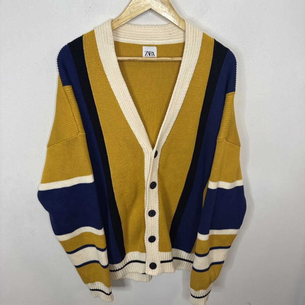 Zara Men XL Preppy Tennis Varsity‎ Cardigan Stripped Knit Sweater Yellow Blue